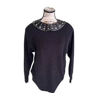 VTG 60s/70s J.T. Martin Women's M Black Beaded Collar Pullover Sweater MCM Retro